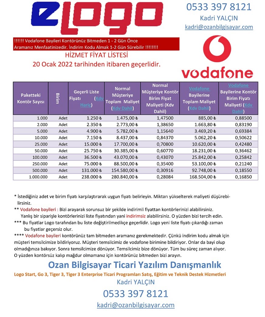eLogo Fiyat Listesi Normal Müşteri ve Vodafone Bayileri İçin - Ozan Bilgisayar Ticari Yazılım Danışmanlık