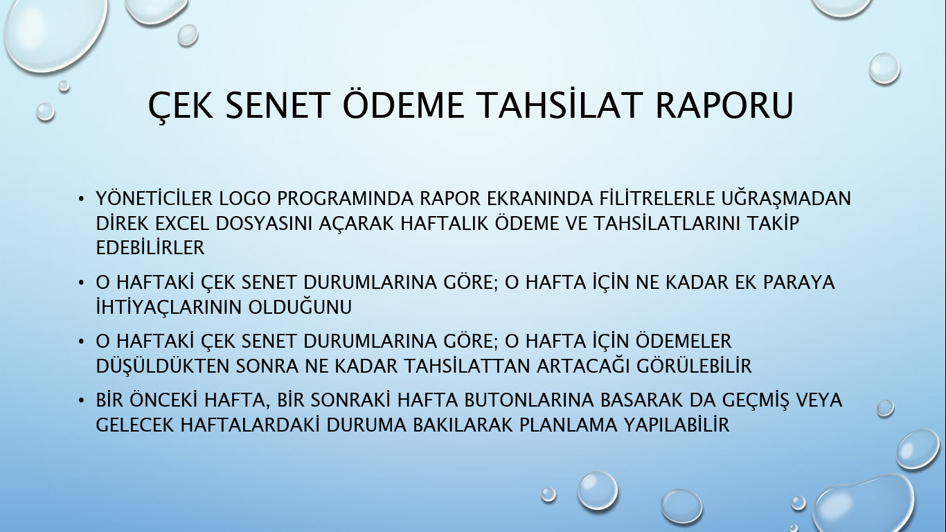 Logo Go 3 Kullananlar İşletme Yöneticileri İçin Haftalık Ödeme Tahsilat Raporu Excel Ortamında - Ozan Bilgisayar Ticari Yazılım Danışmanlık